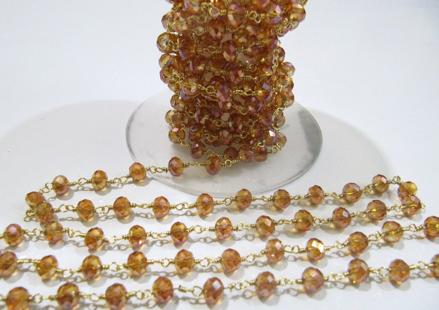 Peach Moonstone Hydro Quartz AB Mystic Coated  Rondelle 6mm  Faceted Beaded Rosary Chain Sold Per Foot High Quality Wholesale Price