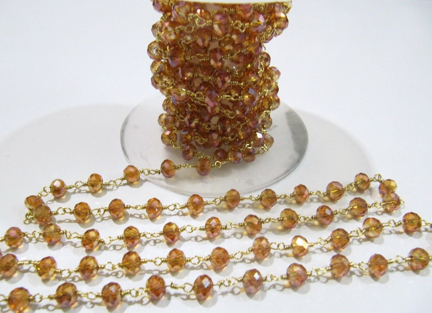 Peach Moonstone Hydro Quartz AB Mystic Coated  Rondelle 6mm  Faceted Beaded Rosary Chain Sold Per Foot High Quality Wholesale Price