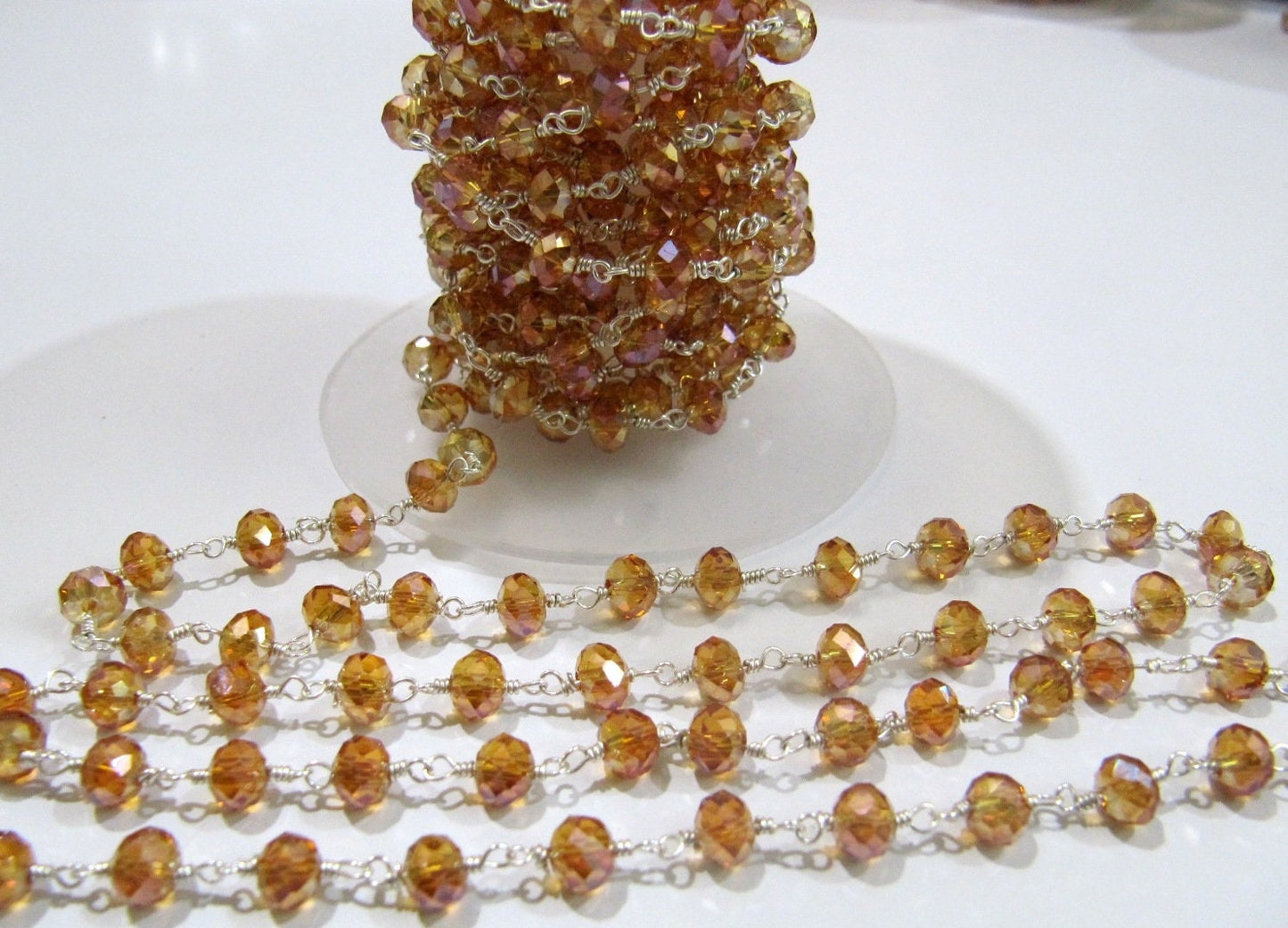 Peach Moonstone Hydro Quartz AB Mystic Coated  Rondelle 6mm  Faceted Beaded Rosary Chain Sold Per Foot High Quality Wholesale Price