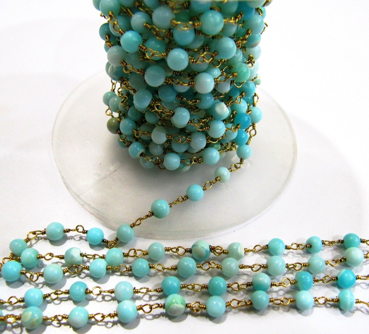 Natural Blue Opal  Round 3-4mm Plain Smooth Beaded Rosary Chain  High Quality Wholesale Price Jewelry making chains Sold per foot