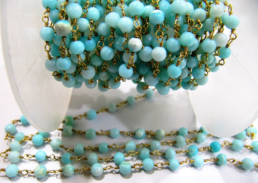 Natural Blue Opal  Round 3-4mm Plain Smooth Beaded Rosary Chain  High Quality Wholesale Price Jewelry making chains Sold per foot