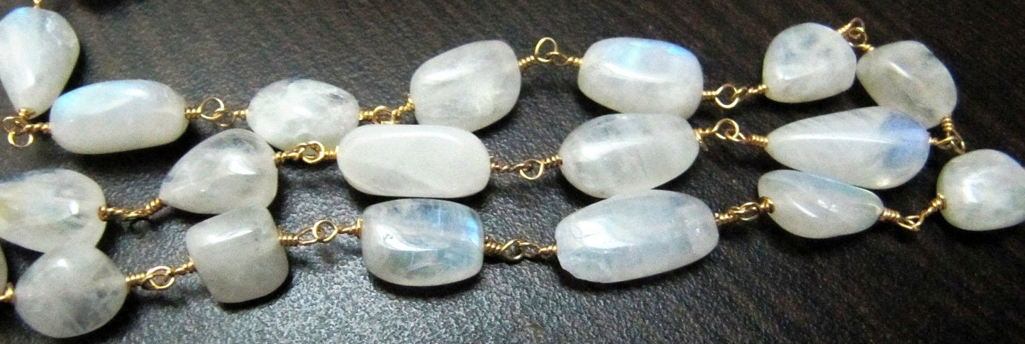 Natural White Rainbow Moonstone Tumbled Nugget Shape Plain Smooth Beaded Rosary Chain Sold Per Foot High Quality Handmade Chain Per FOOT