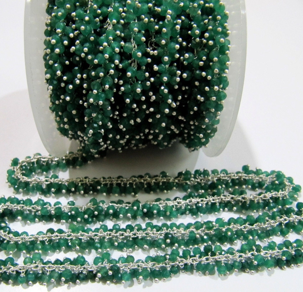 Emerald Rondelle Faceted 3-4mm Rosary Chain Size Wire Wrapped Grape Beaded Chain Sold Per Foot Wholesale Price Handmade Dangling Chain