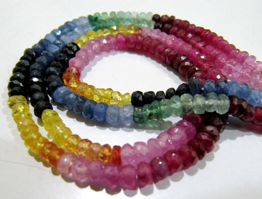 Natural Multi Genuine  Precious Ruby Emerald Sapphire Beads Rondelle Faceted 3-4mm Size 16" long Wholesale prices jewelry making gemstone
