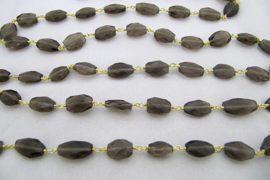 Natural Smoky Quartz Oval Faceted  Beaded Rosary Chain Sold Per Foot High Quality Semi Precious Beads Wholesale Price Handmade Jewelry chain