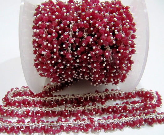 Ruby Corundum Rondelle  Faceted  Grape Rosary Chain Size 3-4mm Wire Wrap Beaded  Sold Per Foot Wholesale Price Jewelry Making Corundum chain