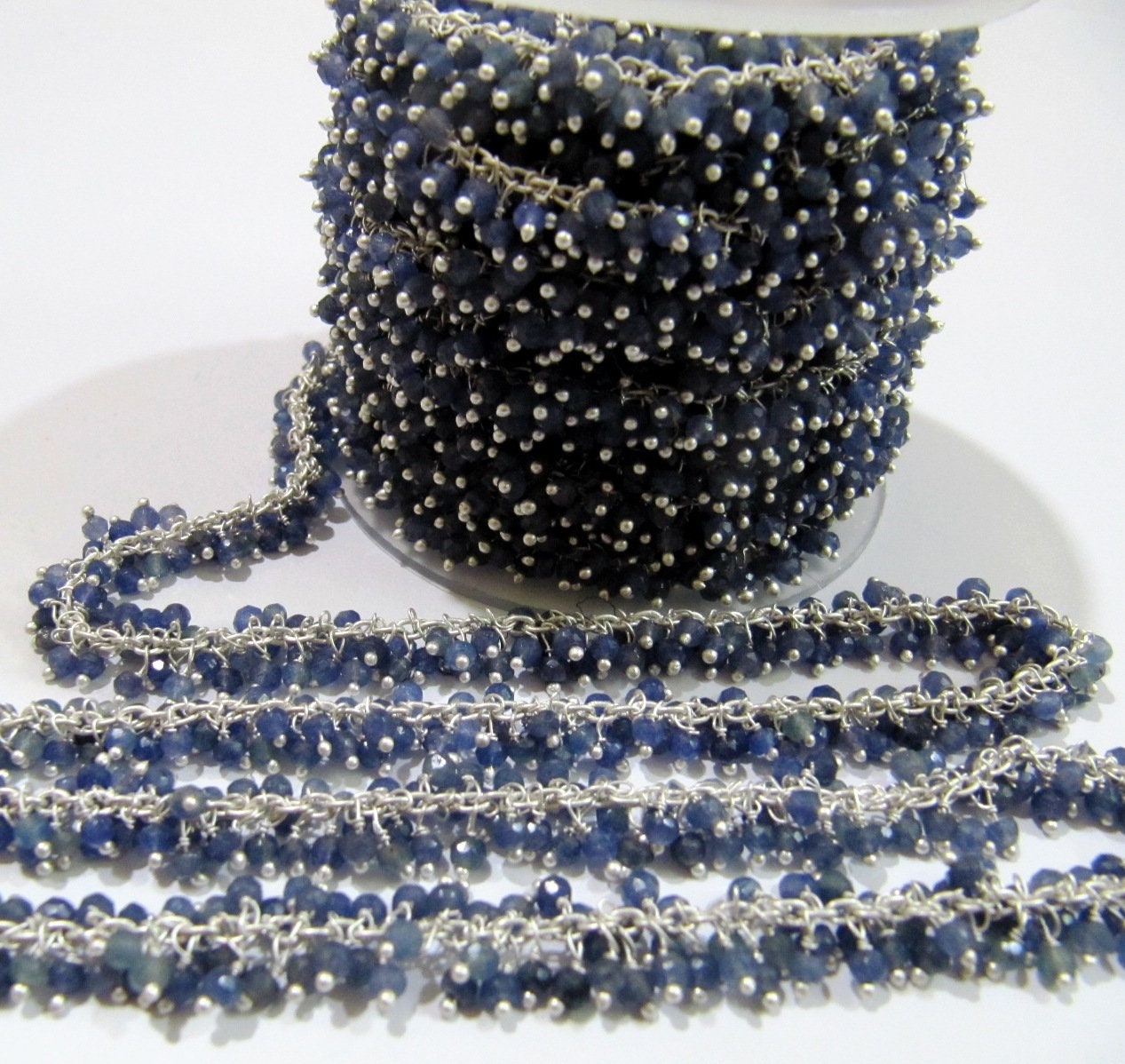 Blue Sapphire Rondelle Faceted 3mm Beads Cluster Rosary Chain Wire Wrap Dangling Beaded handmade chain Sold Per Foot Wholesale Price