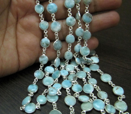 Natural Larimar  Round coin Shape Plain Smooth  Bezel Connector Chain 12-15 mm Sold Per Foot High Quality  Handmade chain