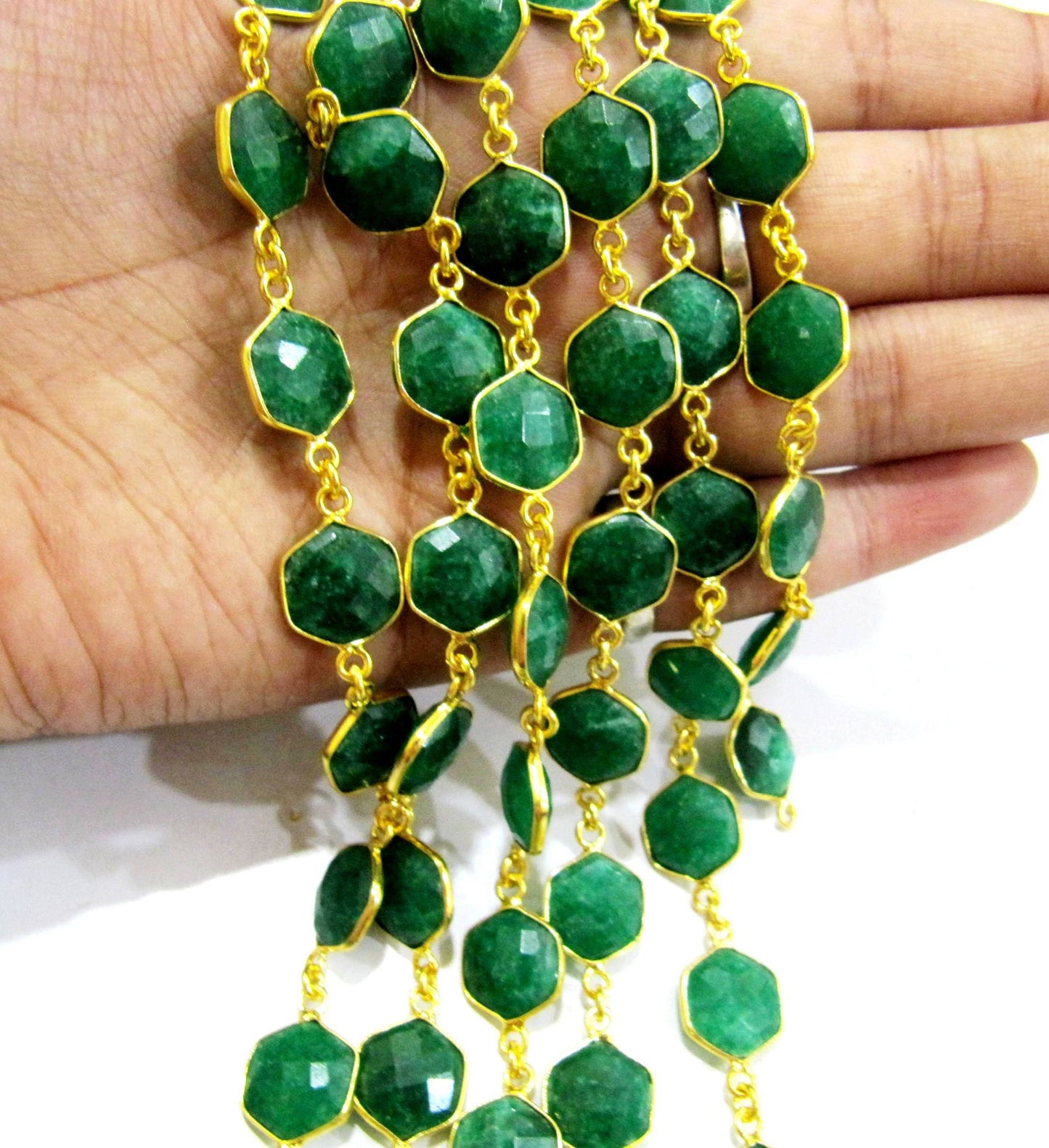 Emerald  Hexagon Briolette Faceted 10mm Bezel Connector Chain Sold Per Foot High Quality  Wholesale price Jewelry Making Dyed Green Stones
