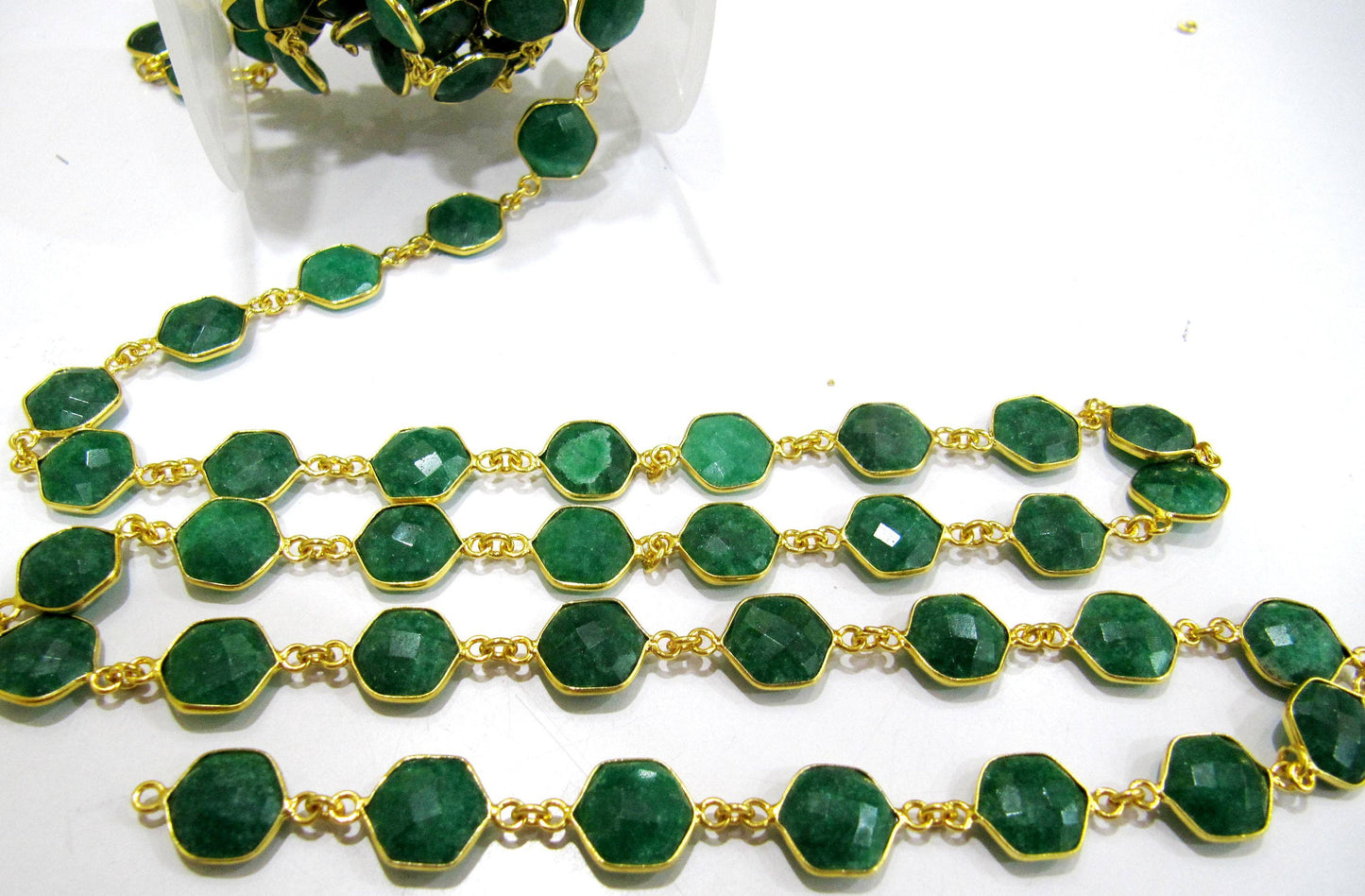 Emerald  Hexagon Briolette Faceted 10mm Bezel Connector Chain Sold Per Foot High Quality  Wholesale price Jewelry Making Dyed Green Stones