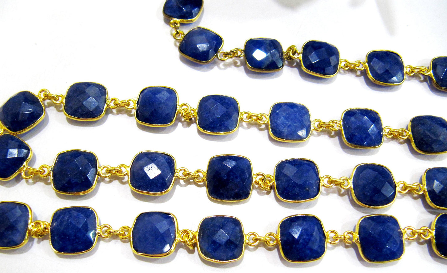 Blue Sapphire Cushion Shape Briolette Faceted  Bezel Connector Chain 10 mm stone Sold Per Foot Wholesale price Jewelry making Chain