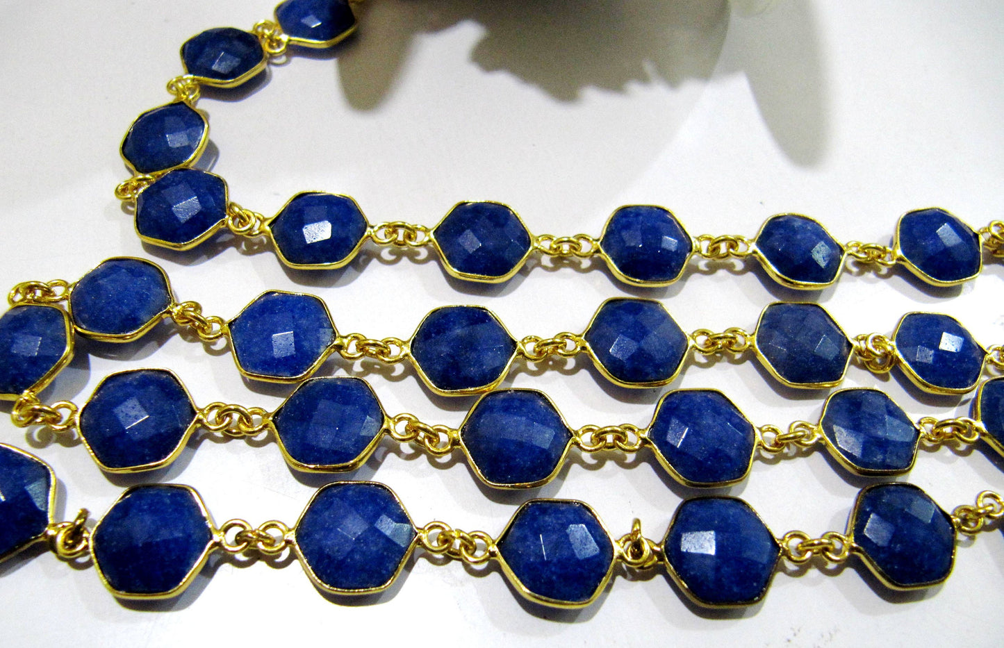 Dyed Blue Sapphire Hexagon Briolette Faceted  Bezel Connector Chain 10mm Plated Sold Per Foot High Quality Wholesale price gemstone chain