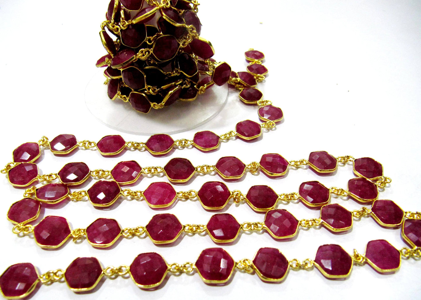 Dyed Ruby Hexagon Briolette Faceted Stone Bezel Connector Chain 10mm Sold Per Foot High Quality Wholesale price gemstone chain