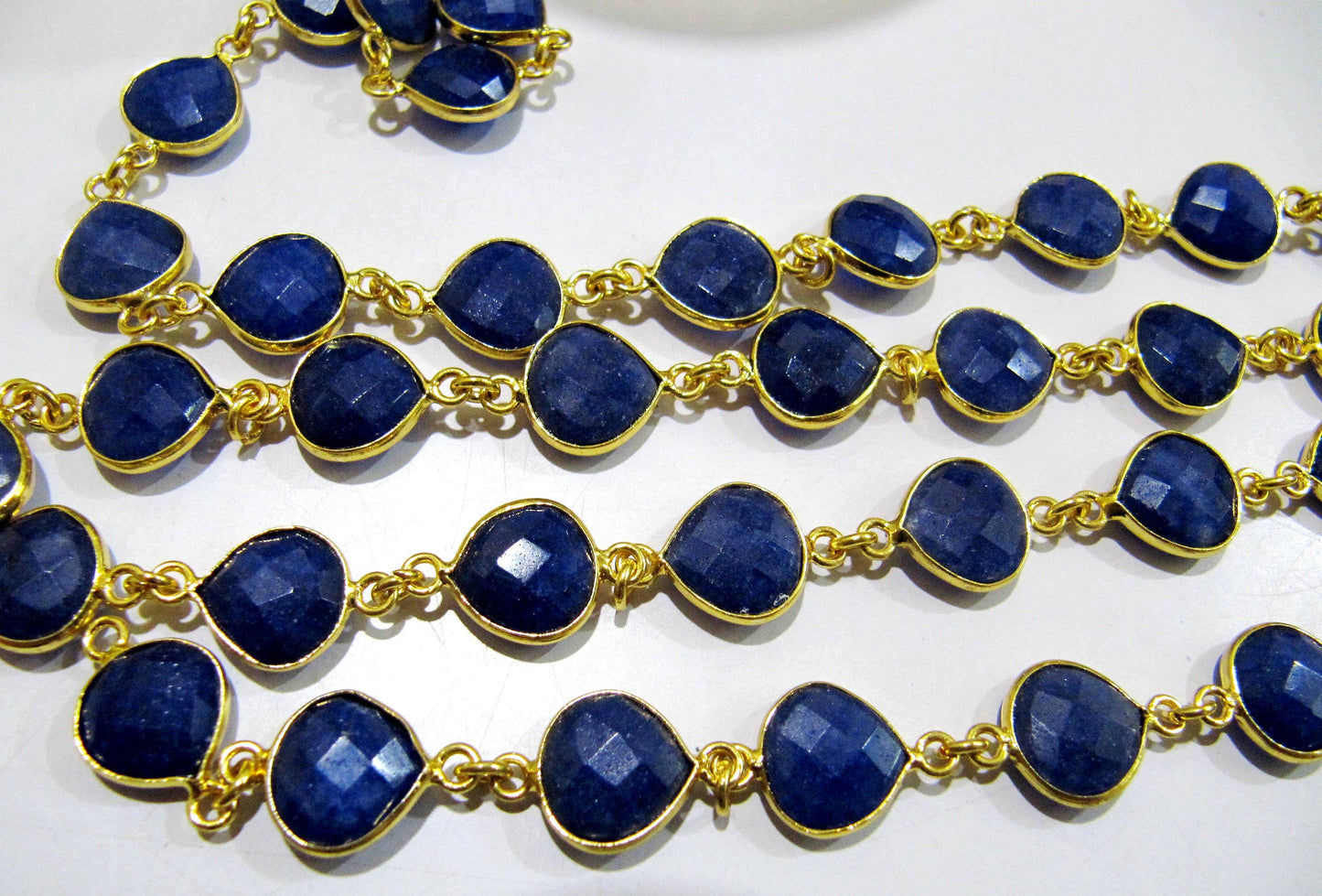 Dyed Blue Sapphire Heart Shape Briolette Faceted  Bezel Connector Chain 10 mm Plated Sold Per Foot Wholesale price Jewelry making Chain