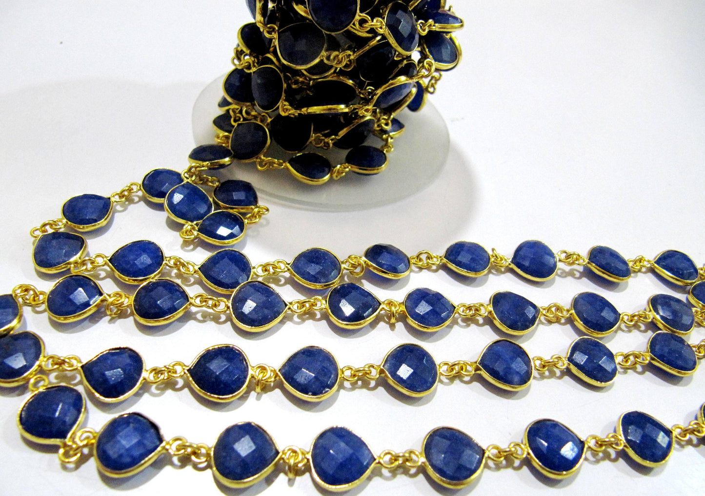 Dyed Blue Sapphire Heart Shape Briolette Faceted  Bezel Connector Chain 10 mm Plated Sold Per Foot Wholesale price Jewelry making Chain