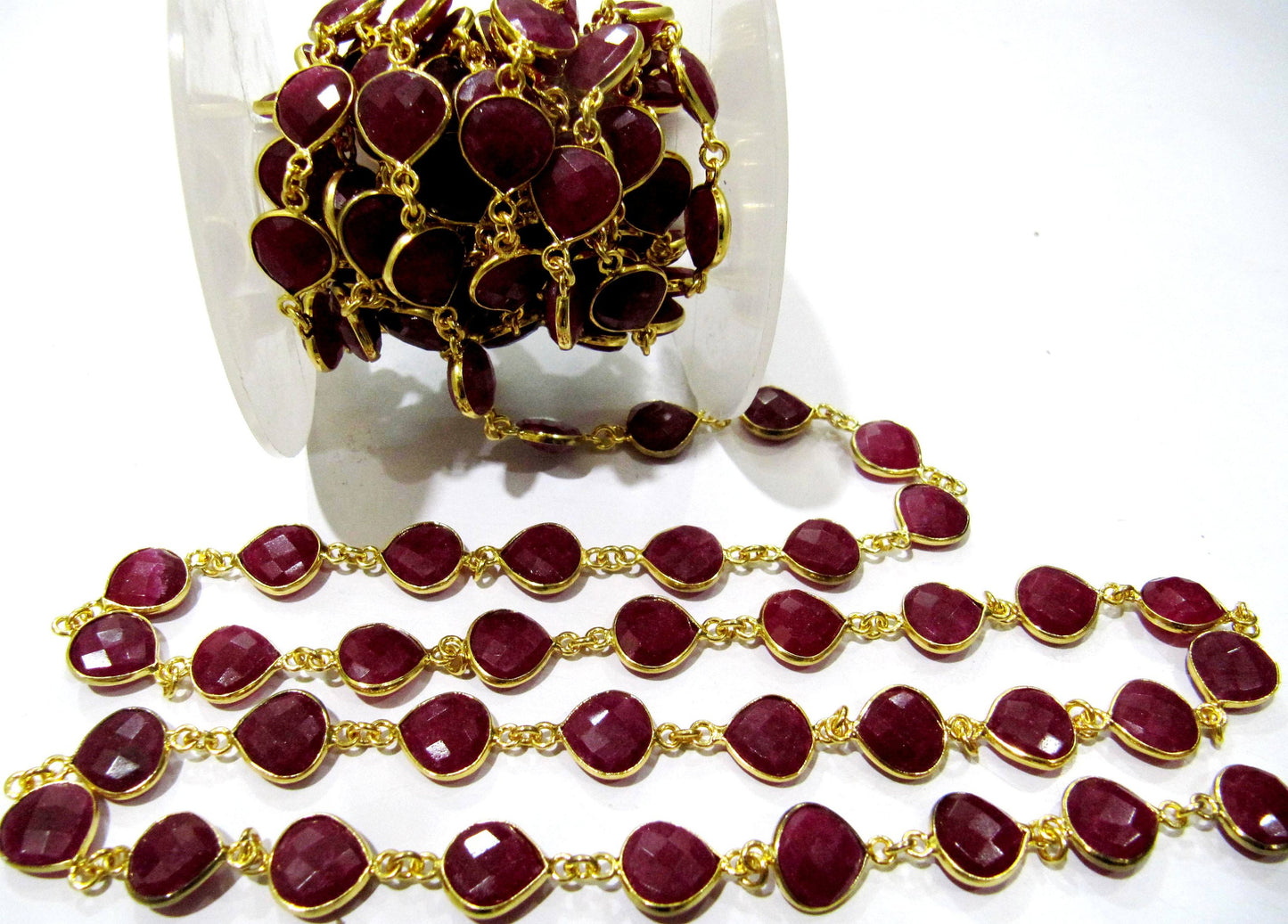 Dyed Ruby Heart Shape Briolette Faceted 10mm Bezel Connector Chain Sold Per Foot Wholesale price Jewelry making Chain
