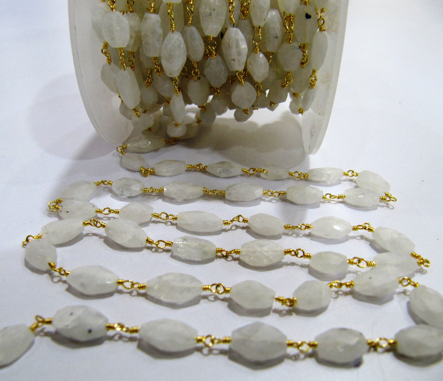 Natural White Rainbow Moonstone Oval Faceted  Beaded Rosary Chain High Quality Semi Precious Beads Handmade Gemstone chain sold per foot