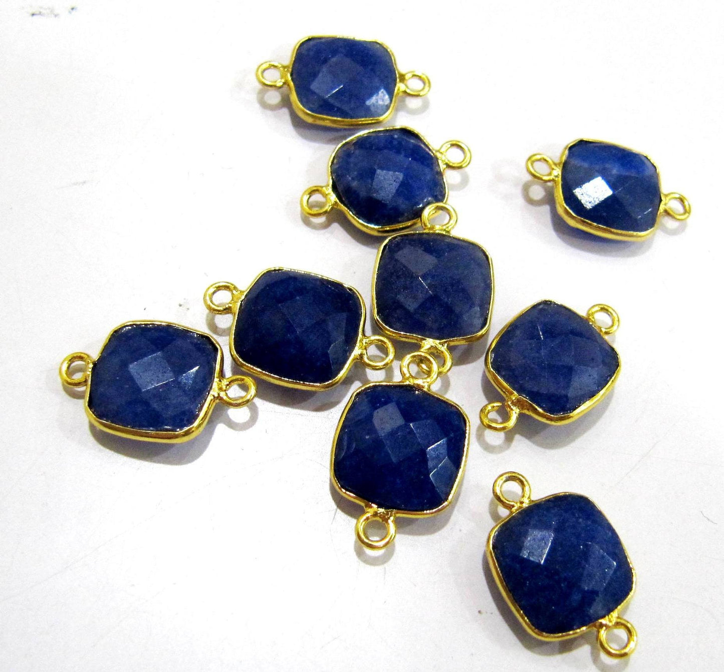 5 Pcs Set Dyed Blue Sapphire Cushion Shape Square 10mm Briolette Connectors Double Loop Bezel Jewelry Making  Connectors
