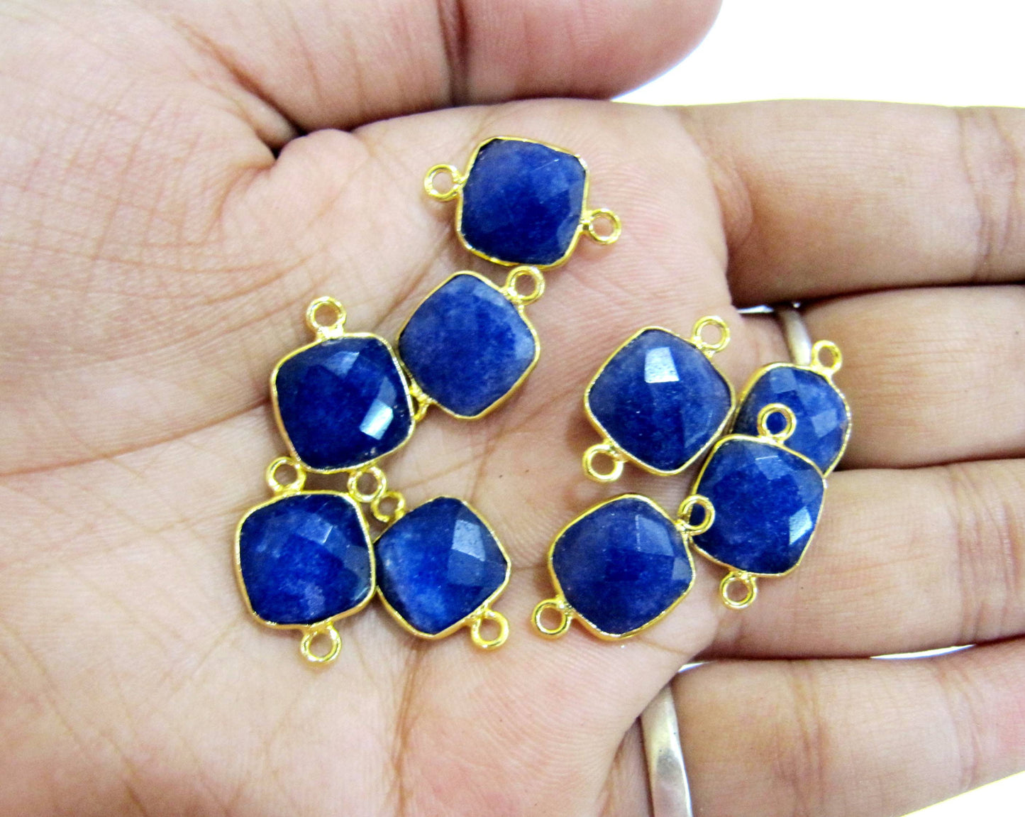 5 Pcs Set Dyed Blue Sapphire Cushion Shape Square 10mm Briolette Connectors Double Loop Bezel Jewelry Making  Connectors