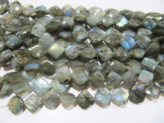 Natural Labradorite Cushion Shape Beads, Briolette Labradorite Faceted Cut Blue Flashy Beads 11-12mm To 12-13mm Size Strand 8 inch long