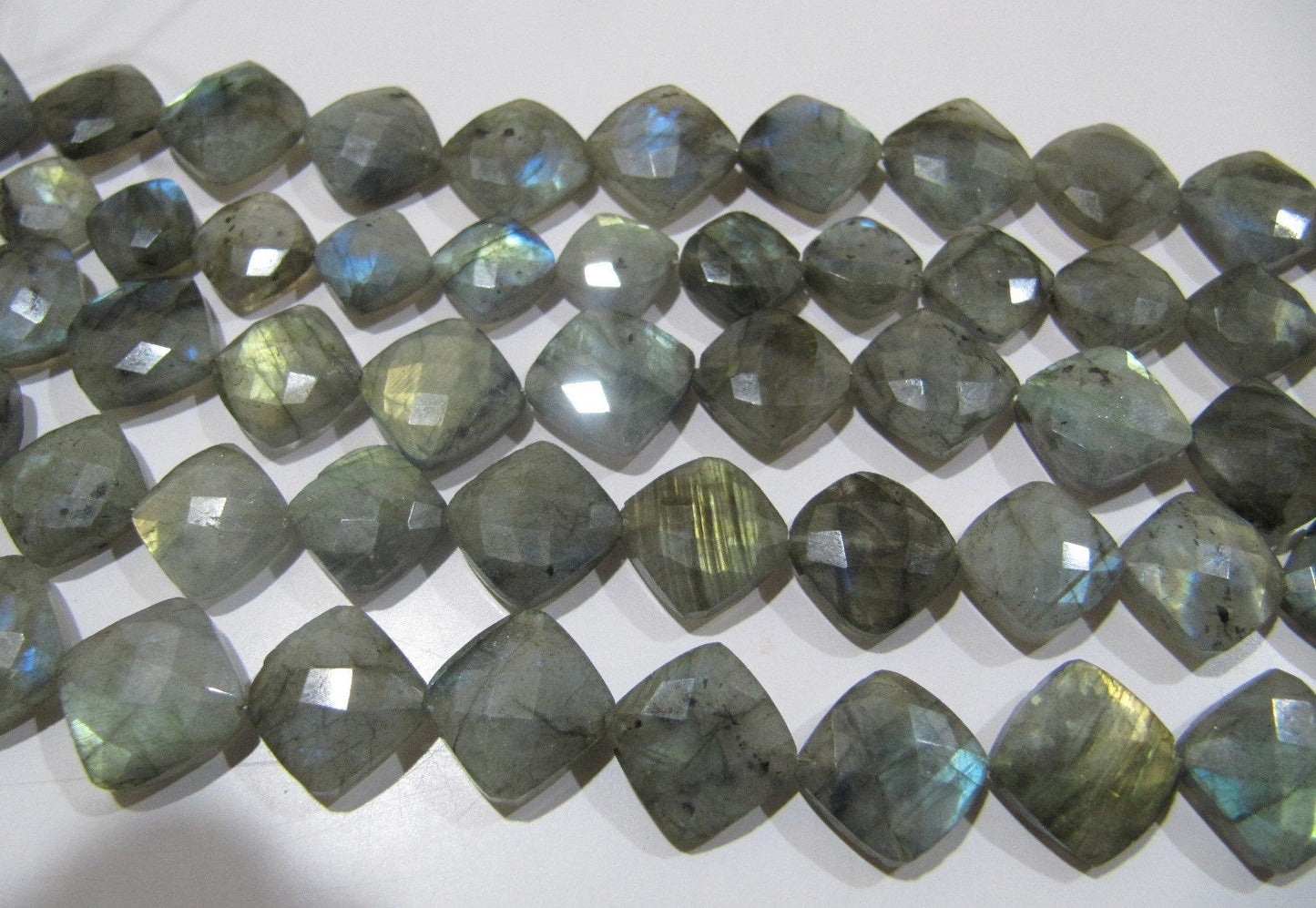 Natural Labradorite Cushion Shape Beads, Briolette Labradorite Faceted Cut Blue Flashy Beads 11-12mm To 12-13mm Size Strand 8 inch long