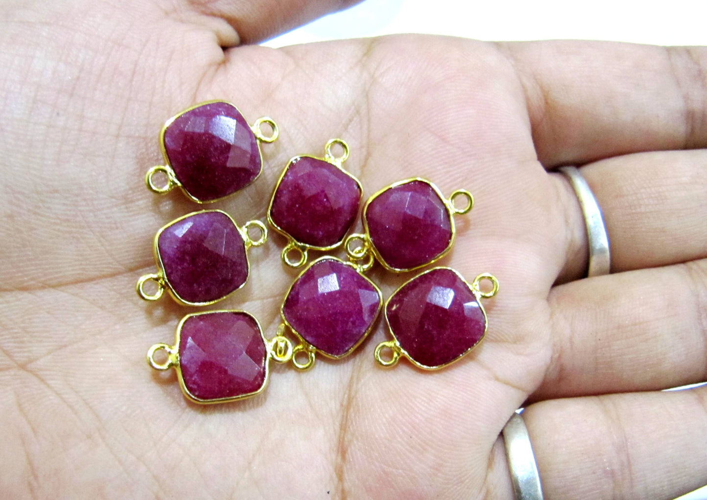 5 Pcs Set Dyed Ruby Cushion Shape Square 10mm Briolette Connectors  Double Loop  Bezel Jewelry Making Connectors Charms