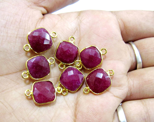 5 Pcs Set Dyed Ruby Cushion Shape Square 10mm Briolette Connectors  Double Loop  Bezel Jewelry Making Connectors Charms