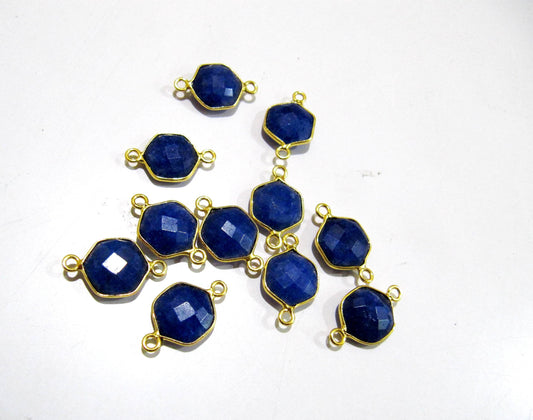5 Pcs Set Dyed Blue Sapphire Hexagon Shape 10mm Briolette Connectors Blue sapphire Plated Double Loop Bezel Jewelry Making Bezel Connectors