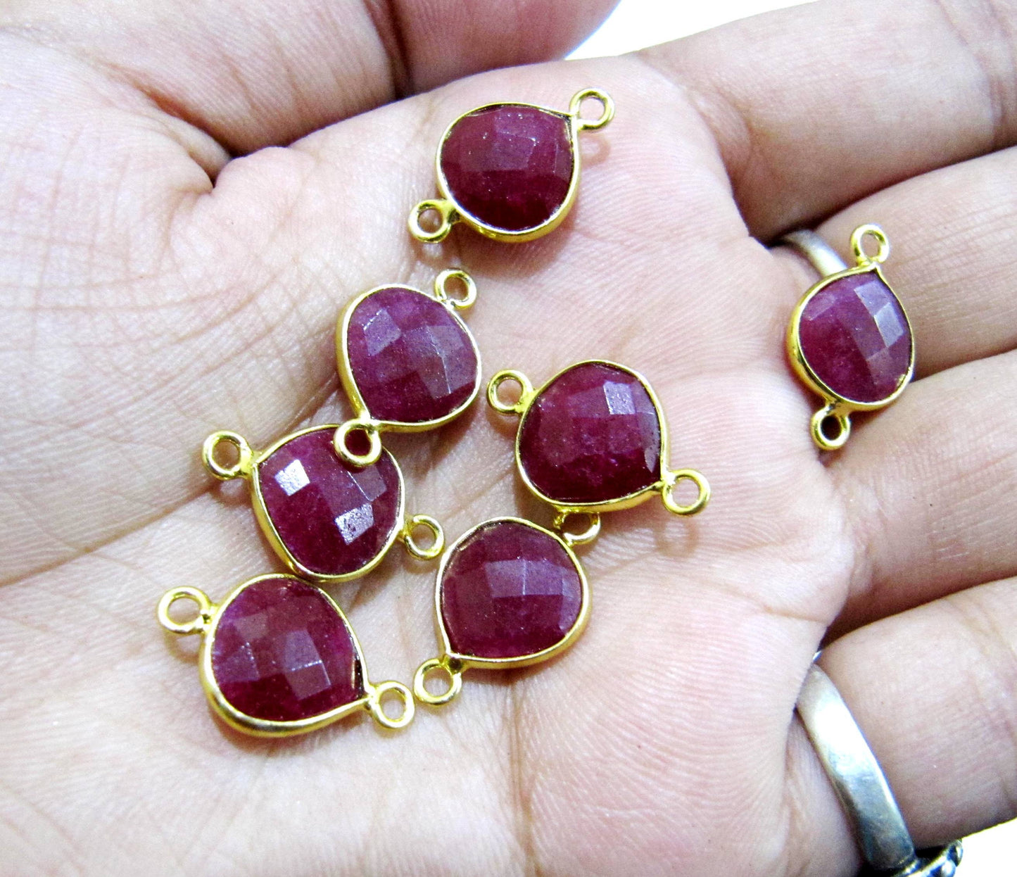 2 Piece Set Ruby Heart Shape Square 10 mm Briolette Connectors Double Loop  Bezel Charms Jewelry Making Bezel Connectors