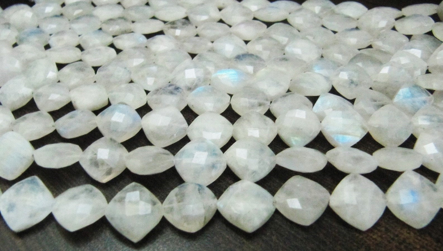 Natural White Rainbow Moonstone Cushion Shape Beads, Chiclets Faceted Cut Beads 11-12mm Strand 8" inch long Jewelry making beads
