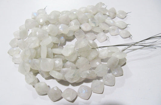 Natural White Rainbow Moonstone Cushion Shape Beads, Chiclets Faceted Cut Beads 11-12mm Strand 8" inch long Jewelry making beads