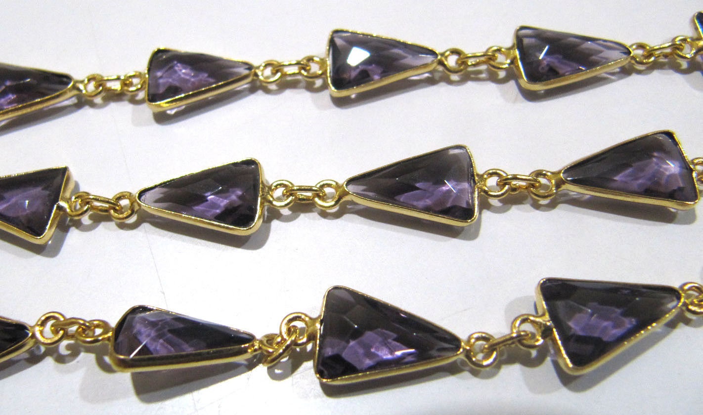 Amethyst Quartz Trillion Shape Briolette Faceted Bezel Connector Chain 9x13mm  Sold Per Foot High Quality Wholesale Prices