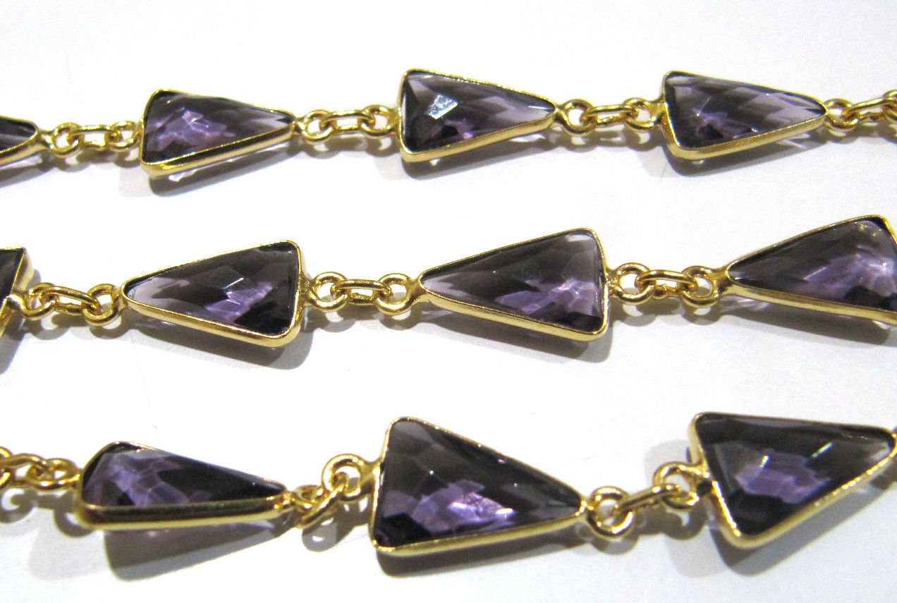 Amethyst Quartz Trillion Shape Briolette Faceted Bezel Connector Chain 9x13mm  Sold Per Foot High Quality Wholesale Prices