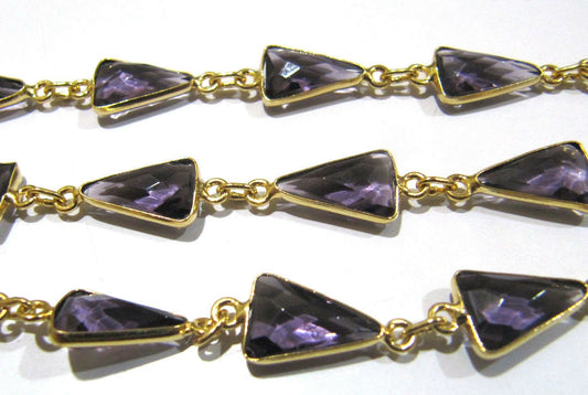 Amethyst Quartz Trillion Shape Briolette Faceted Bezel Connector Chain 9x13mm  Sold Per Foot High Quality Wholesale Prices