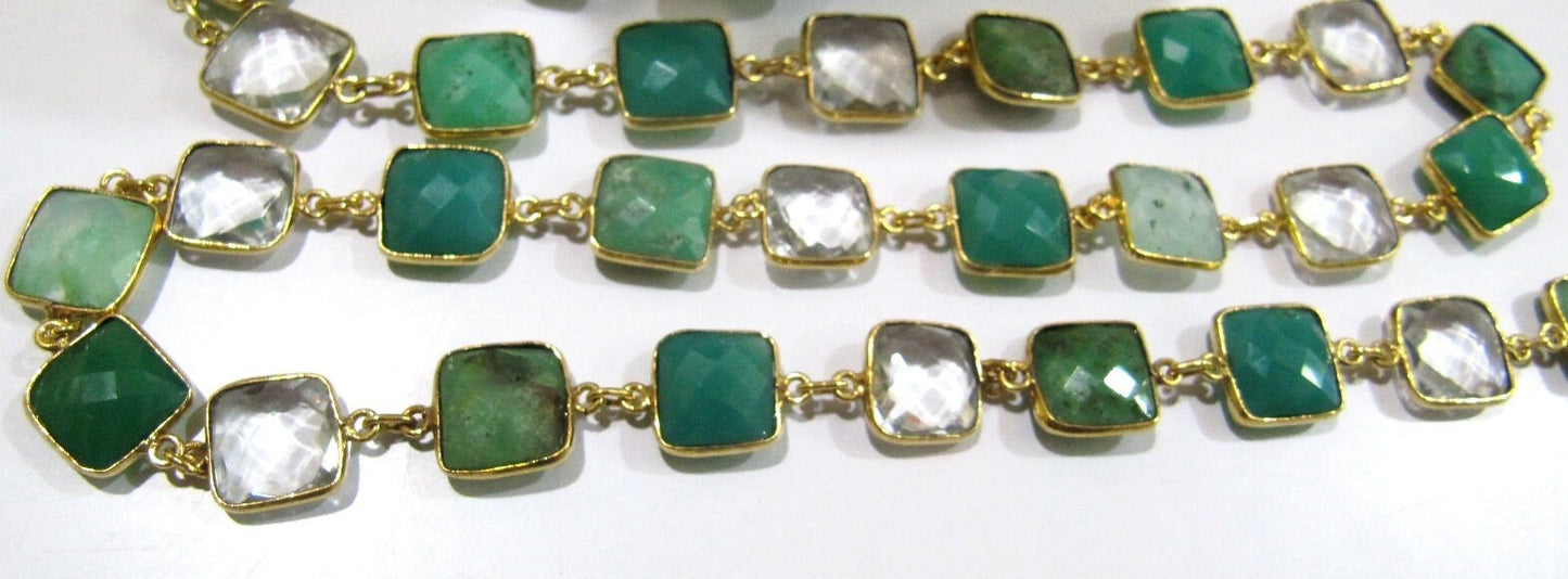 Natural Chrysoprase Green Onyx and Rock Crystal 10mm Cushion shape Briolette Faceted Connector Chain Wholesale price sold per foot