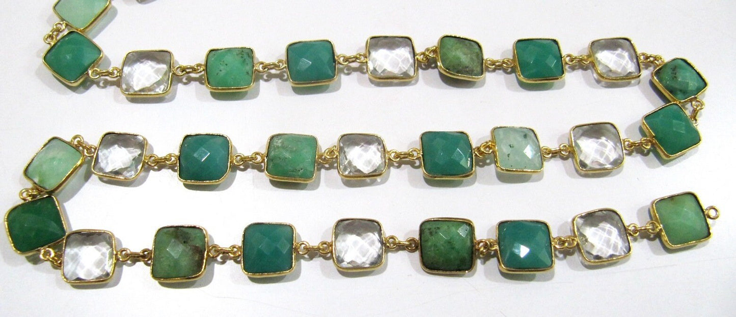 Natural Chrysoprase Green Onyx and Rock Crystal 10mm Cushion shape Briolette Faceted Connector Chain Wholesale price sold per foot
