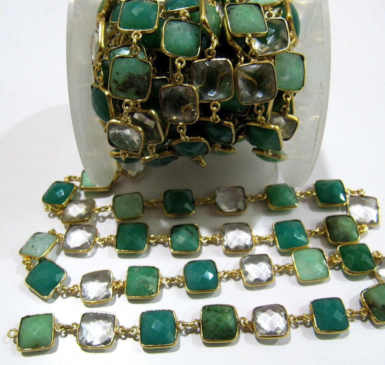 Natural Chrysoprase Green Onyx and Rock Crystal 10mm Cushion shape Briolette Faceted Connector Chain Wholesale price sold per foot