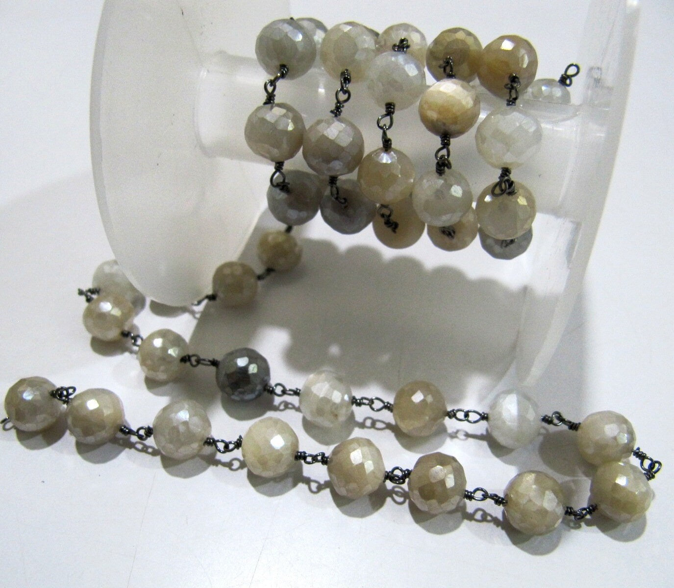 Natural Multi Moonstone Silverite AB Coated Round Briolette Faceted 6 to 9mm  Beaded Rosary Chain High Quality Wholesale Price Sold per foot