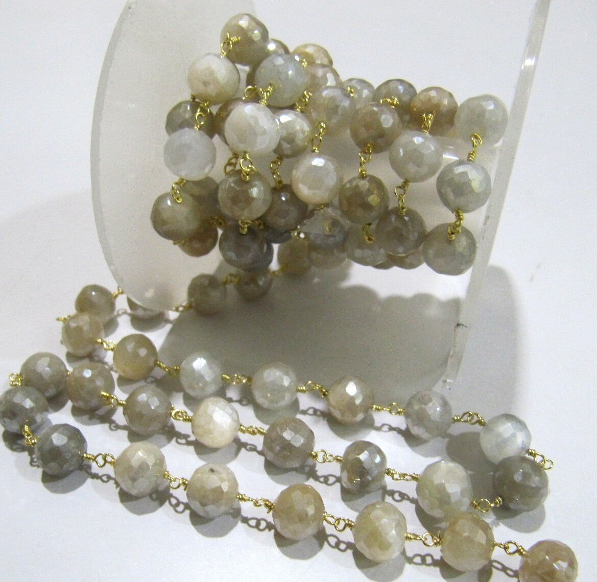 Natural Multi Moonstone Silverite AB Coated Round Briolette Faceted 6 to 9mm  Beaded Rosary Chain High Quality Wholesale Price Sold per foot