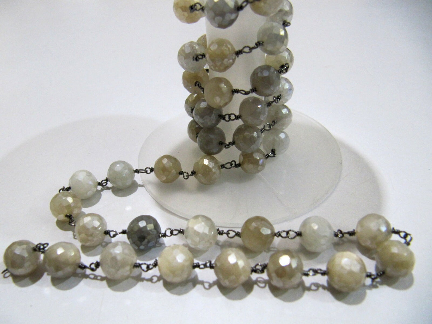Natural Multi Moonstone Silverite AB Coated Round Briolette Faceted 6 to 9mm  Beaded Rosary Chain High Quality Wholesale Price Sold per foot