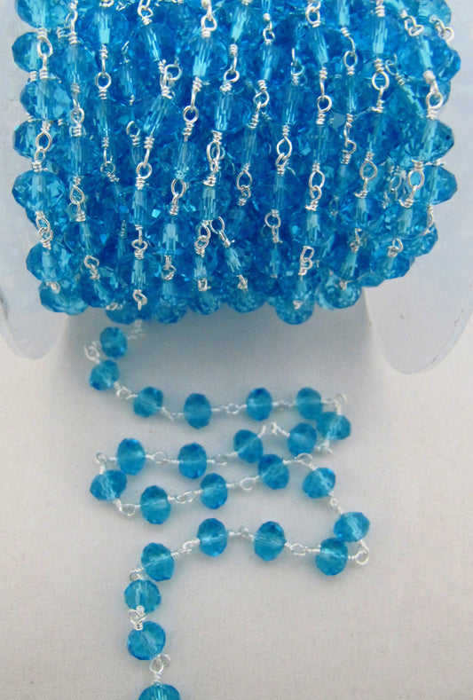 3 Ft-Blue Topaz Hydro Quartz Rosary Chain Rondelle Faceted Beaded 6mm Size Hydro Quartz Bead Chain Wholesale Prices Crystal chain