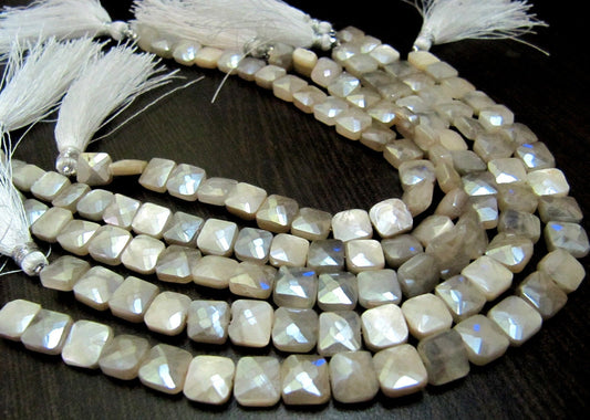 Natural Peach Moonstone Silver AB Mystic Coated Cushion Shape Faceted Beads 7-8mm Strand 8inch long High Quality Beads Wholesale prices