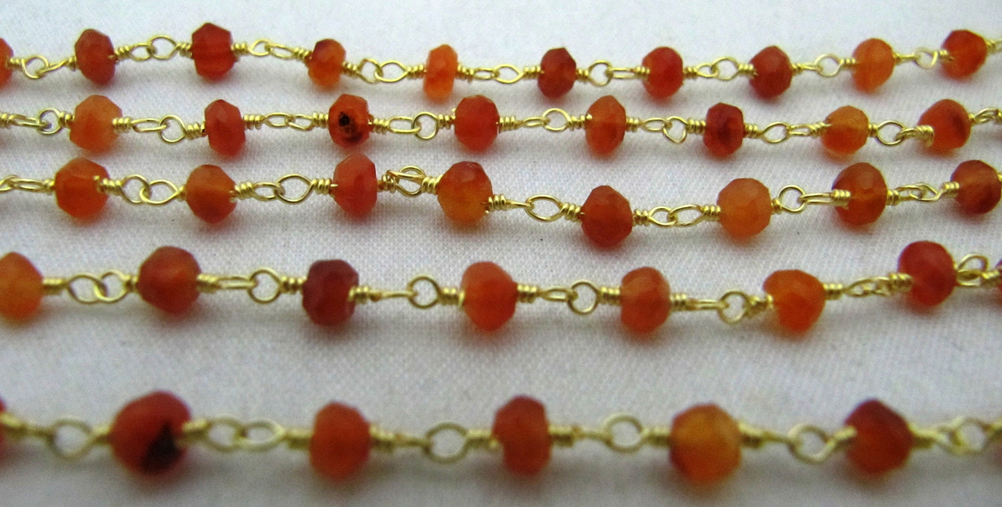 Natural Carnelian Rondelle Faceted Beaded 3-4mm Size Beads Rosary Chain Wholesale Prices Handmade Gemstone chain per foot
