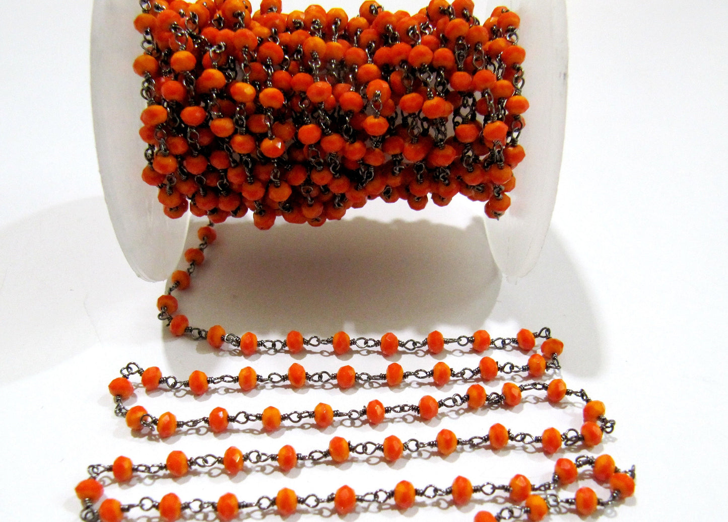 3 Feet- Orange Chalcedony Hydro Quartz Rosary Chain Rondelle Faceted 3-4mm beaded Wire Wrapped chain sold in Wholesale prices