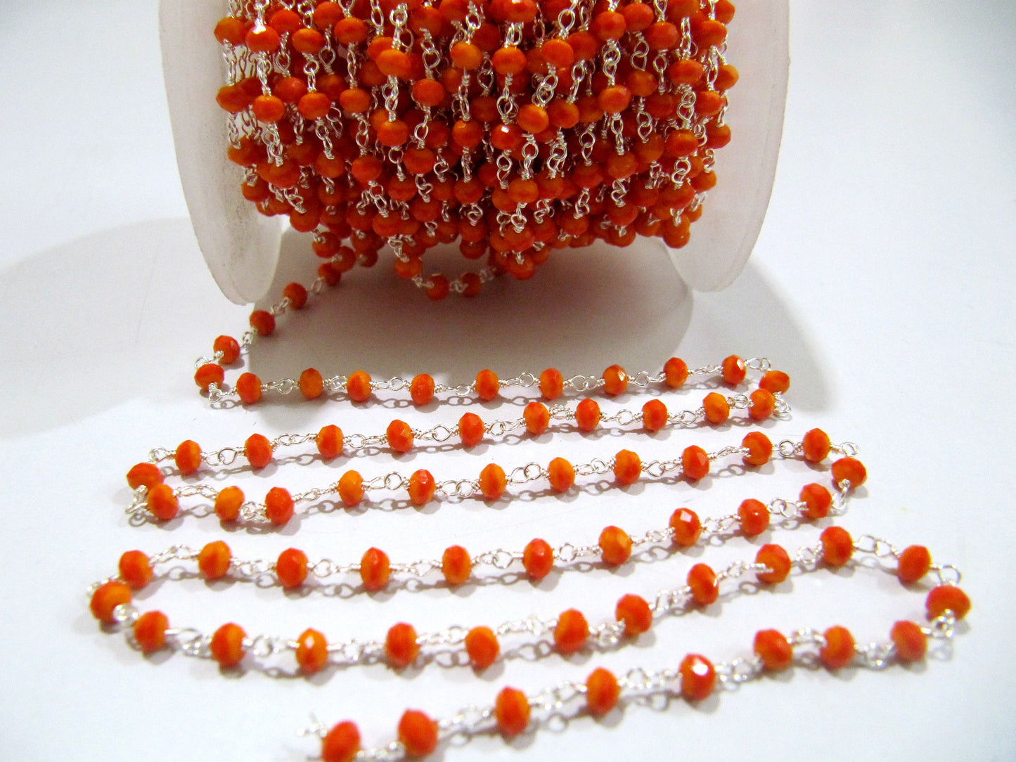3 Feet- Orange Chalcedony Hydro Quartz Rosary Chain Rondelle Faceted 3-4mm beaded Wire Wrapped chain sold in Wholesale prices