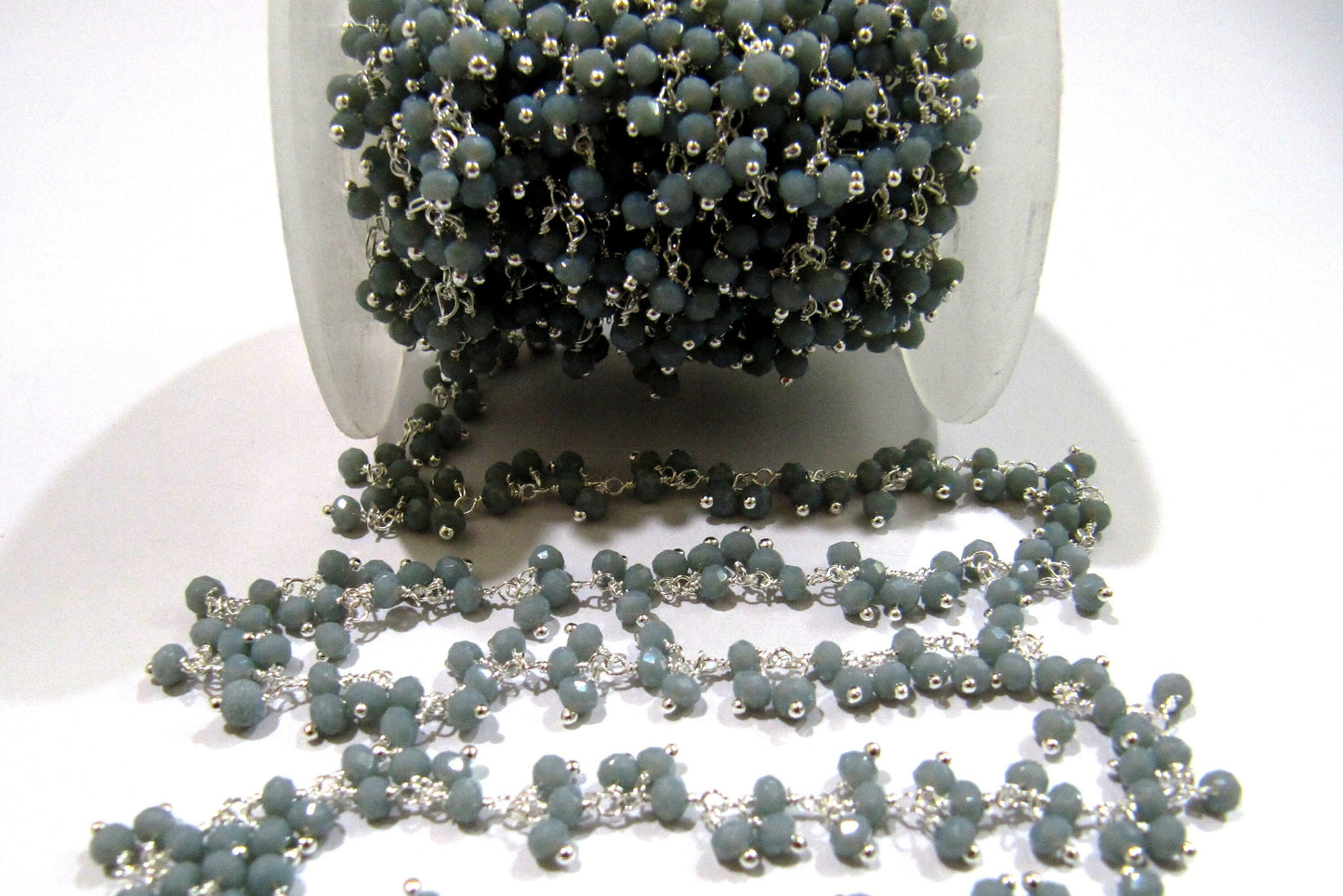 Grey Moonstone  Hydro Quartz Dangling Cluster Beaded Rosary Chain Rondelle Faceted 3-4mm Beads Wire Wrapped chain sold per foot