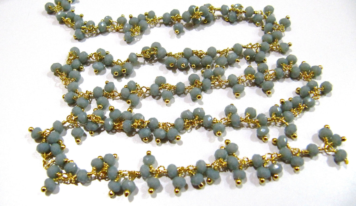 Grey Moonstone  Hydro Quartz Dangling Cluster Beaded Rosary Chain Rondelle Faceted 3-4mm Beads Wire Wrapped chain sold per foot