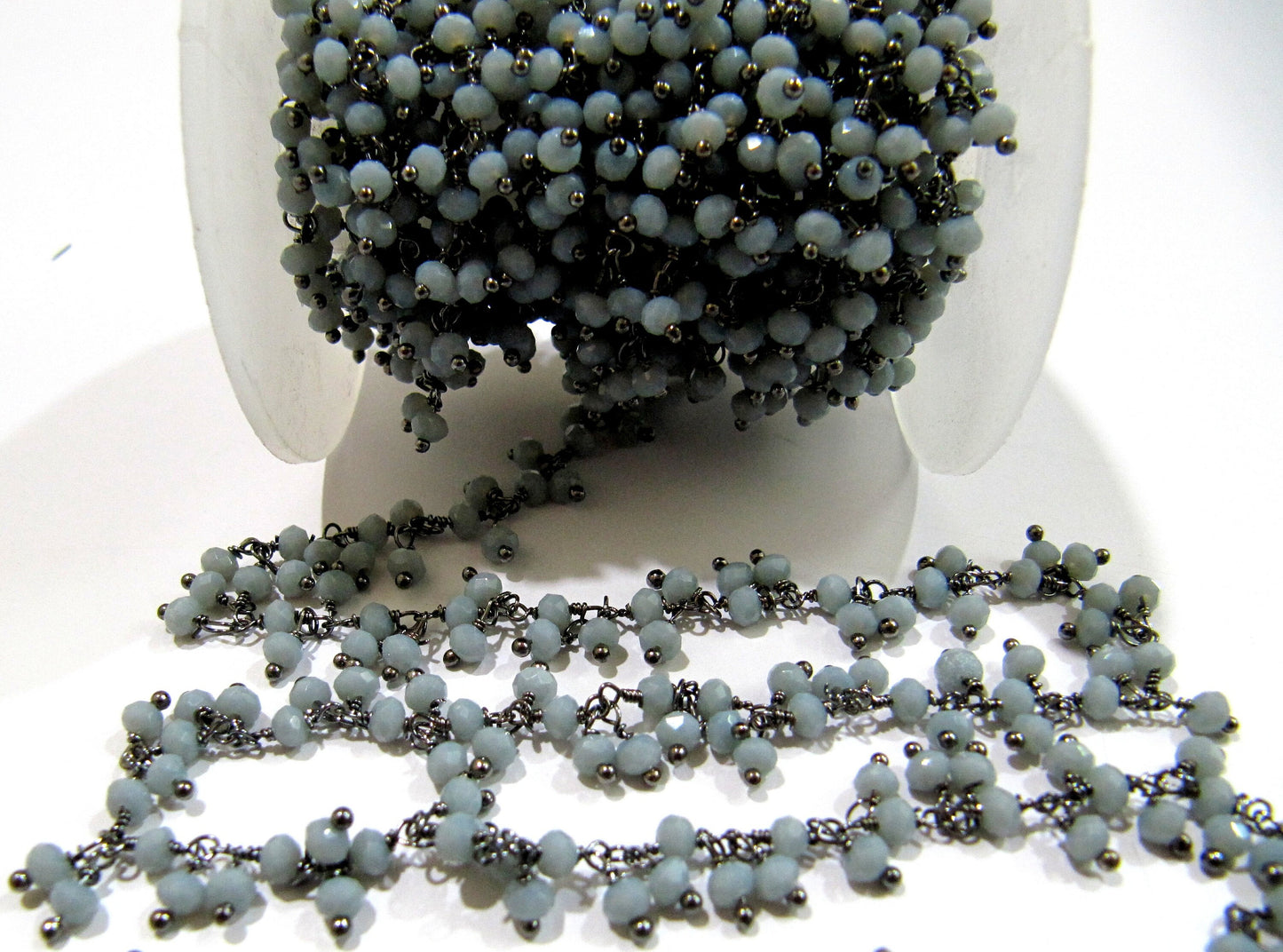 Grey Moonstone  Hydro Quartz Dangling Cluster Beaded Rosary Chain Rondelle Faceted 3-4mm Beads Wire Wrapped chain sold per foot