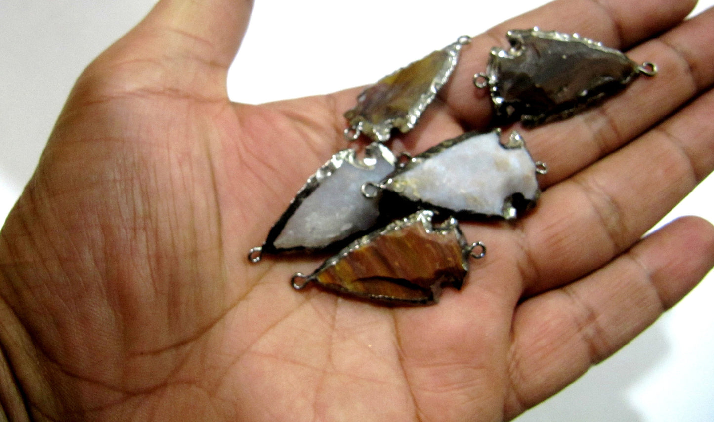 2 Pcs Set Natural Jasper  Black Oxidized Electroplated Edge Double Loop Arrowhead Connector Charms Pendant Size 1 to 1.5 Inches Long