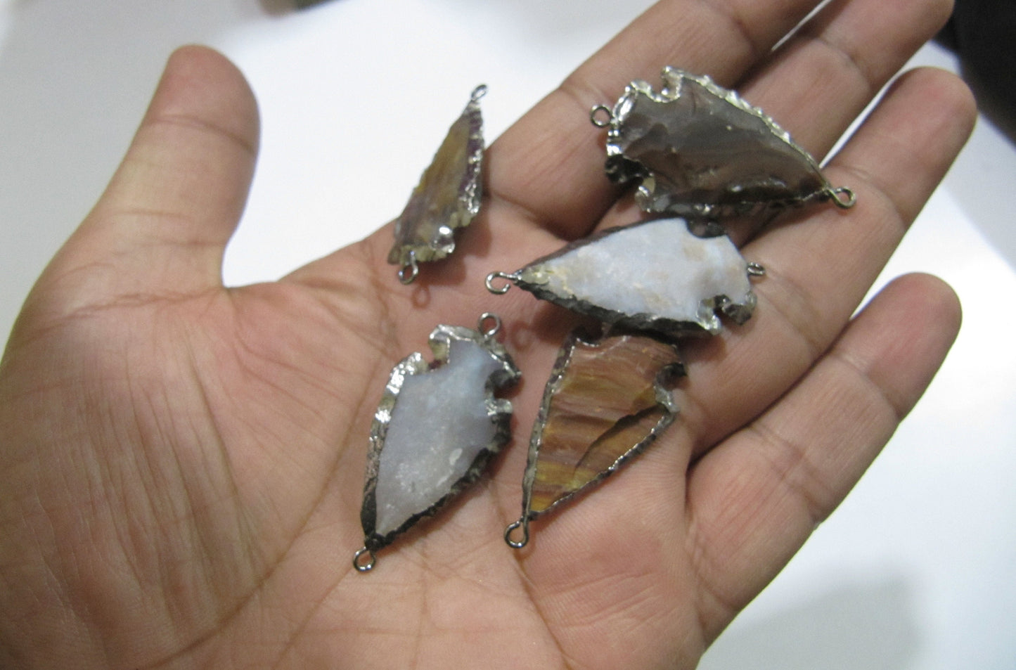 2 Pcs Set Natural Jasper  Black Oxidized Electroplated Edge Double Loop Arrowhead Connector Charms Pendant Size 1 to 1.5 Inches Long